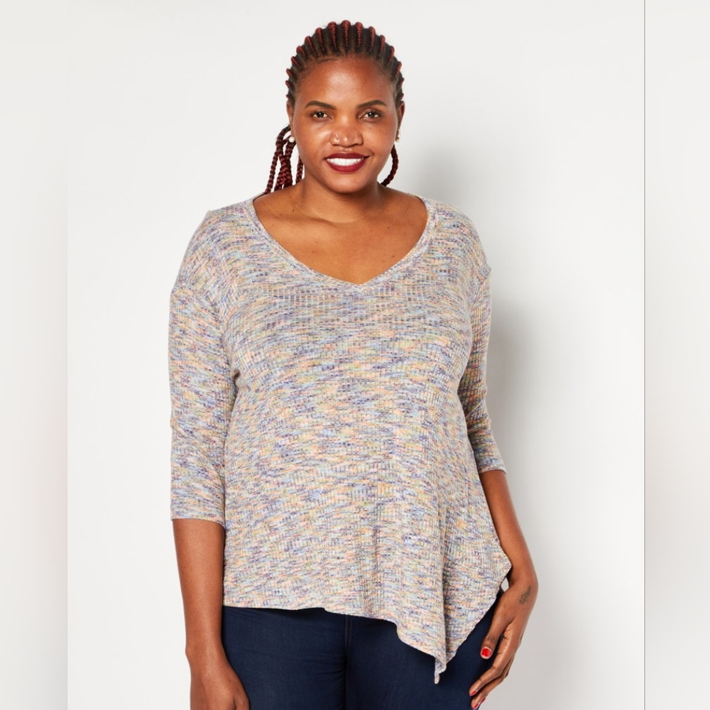 Jessica Simpson Plus Size V-Neck 3/4 Sleeves Space Dye Print Blouse Sweater